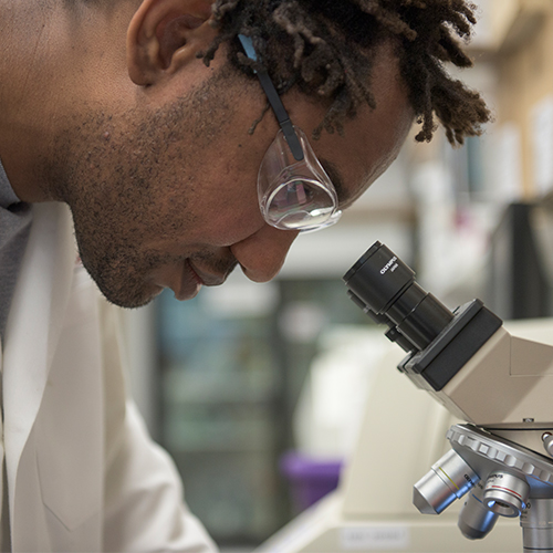 Student and faculty member in a lab